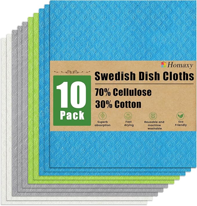 Homaxy Swedish Dishcloths for Kitchen, 10 Pack Reusable and Washable Cellulose Sponge Cloths Dish Towels, Absorbent and No Odor Paper Towels for Dishes ＆ Counters, Blue/White/Grey/Green