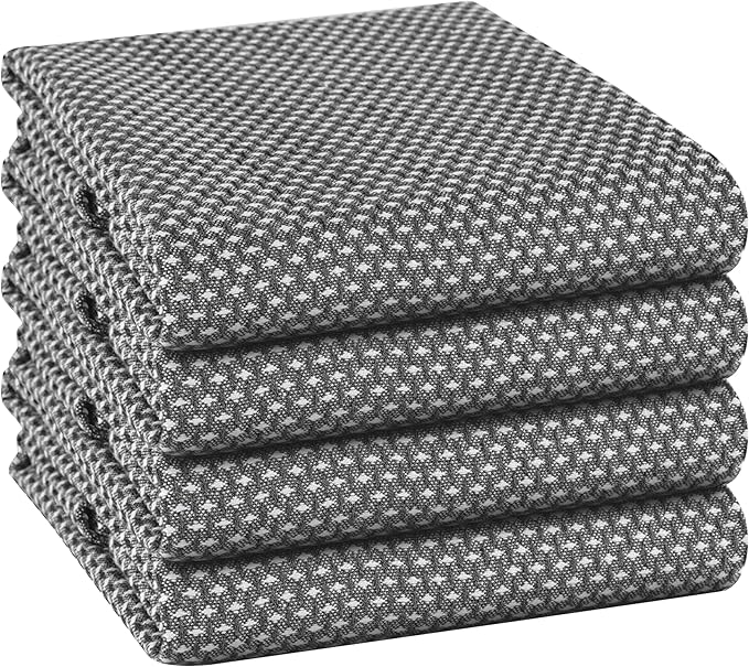 TWINY Threads Dotted Weave Kitchen Towels Set of 4, 18x28 Inch, Soft & Absorbent Wash Cloths with Hanging Loop, Washable and Reusable Dishcloths for Cooking, Cleaning, Hand Towel - Grey