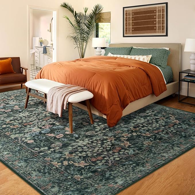 6x9 Green Floral Living Room Rug: Vintage Washable Rug Floral Soft Carpet Indoor Floor Non-Slip Boho Stain Resistant Large Carpets for Bedroom Kids Nursery Dining Room Farmhouse Home Office