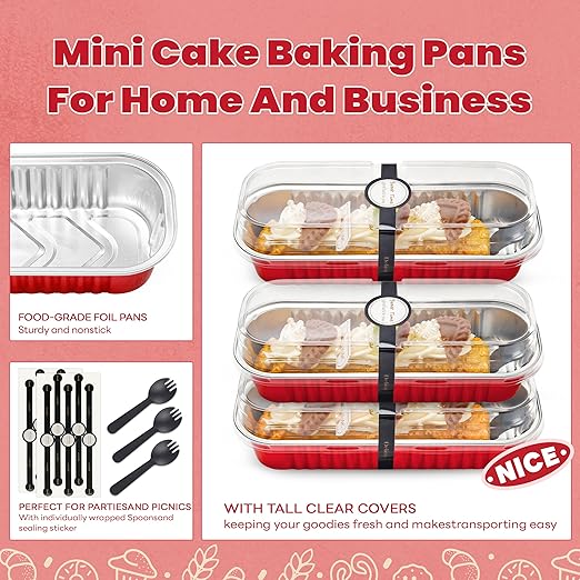 50 PACK Mini Cake Pans with Lids and Spoons, Rectangular Aluminum Foil Bread Pan, Mini Loaf Pans and Food Containers with Lids(Red, 6.8oz)