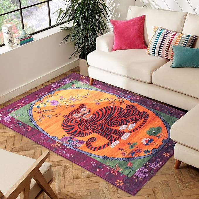 Tiger Rug Washable 3x5 ft Oriental Traditional Animal Print Vintage Fuchsia Floral Tibetan Rugs for Bedroom Kitchen Living Room Indoor Entryway
