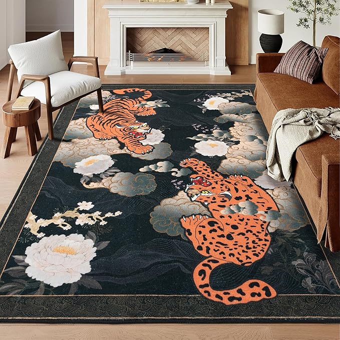 Tiger 6X9 Area Rug, Japanese Washable Leopard Tiger Rugs for Living Room, Vintage Large Soft Dining Room Rug, Non Slip Ultra Thin Stain Resistant Floor Carpet for Home Office Bedroom, Black