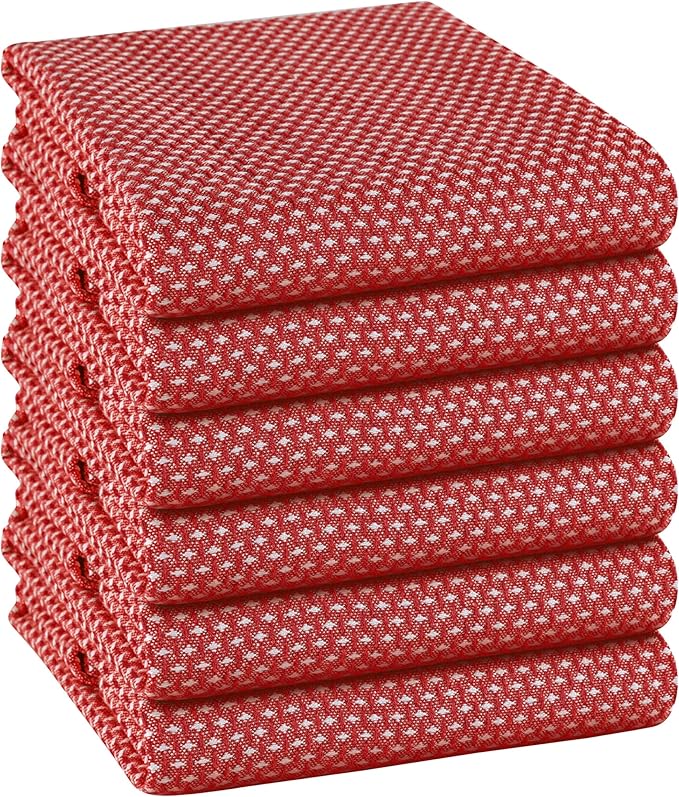TWINY threads 6-Pack Cotton Kitchen Towels, 18x28 Inches, Soft & Absorbent Dish Cloths Set with Hanging Loop, Quick-Dry, Reusable and Washable Washcloths for Cooking, Baking & Cleaning Tasks, Red