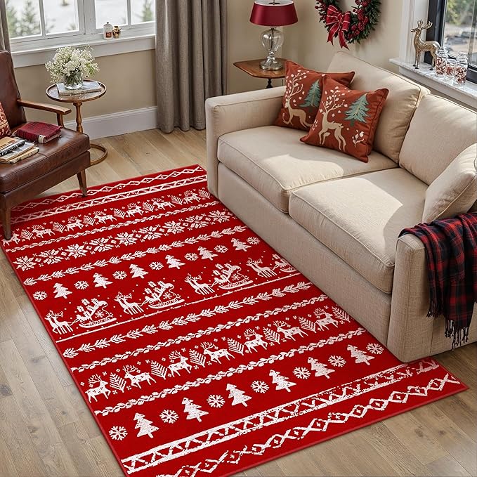 Christmas Area Rug 3x5 Red Office Washable Carpet Xmas Snowflake Holiday Decor Doormat Entryway Soft Low Pile Non Slip Indoor Throw Rug Kitchen Living Room Bedroom Entrance Dining Room