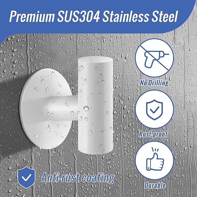 Chrome Stainless Steel Adhesive Towel Hooks, Heavy Duty Waterproof, Self Adhesive Coat Robe Hooks for Bathrooms Kitchen Wall Mounted (White, 2 Pcs)