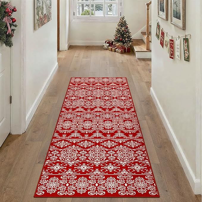 2x6 Runner Rug Red Christmas Hallway Carpet Xmas Holiday Decor Bedroom Carpet Snowflake Washable Non Slip Kitchen Mat Indoor Accent Rug Decorative Dining Room Laundry Room Living Room