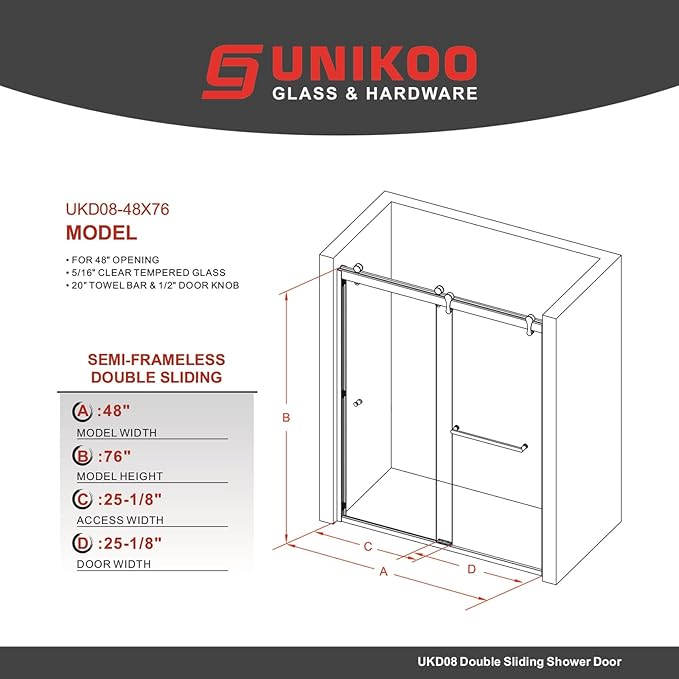 46"-48" W X 76" H Double Sliding Shower Door with Frame - Bright Chrome Hardware, 8mm Tempered Glass, Stainless Steel Hanger Rollers, Easy-Cleaning Coating, Through-Glass Towel Bar & Knob