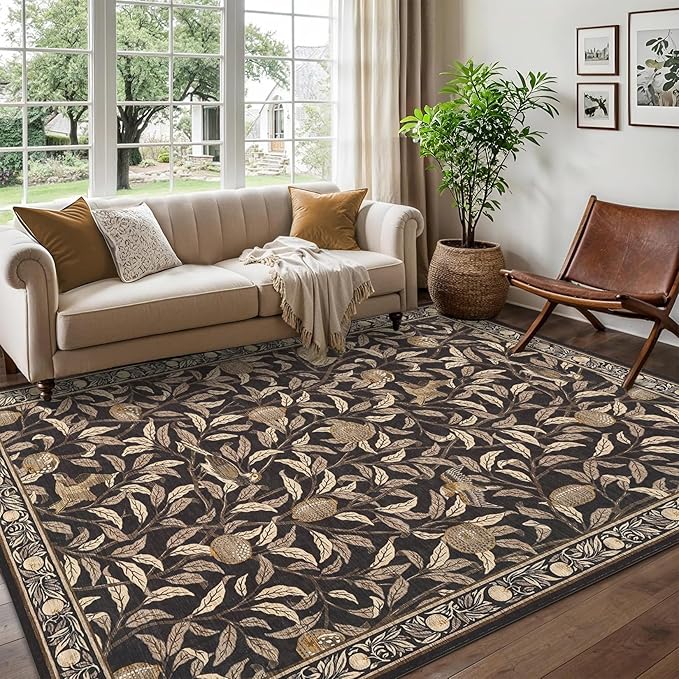 GarveeHome Boho Leaf Area Rugs 9x12 Living Room, Large Rugs for Living Room with Soft Low Pile, 9x12 Botanical Bird Washable Rug with Non-Slip Backing for Bedroom Dining Room Brown Carpet