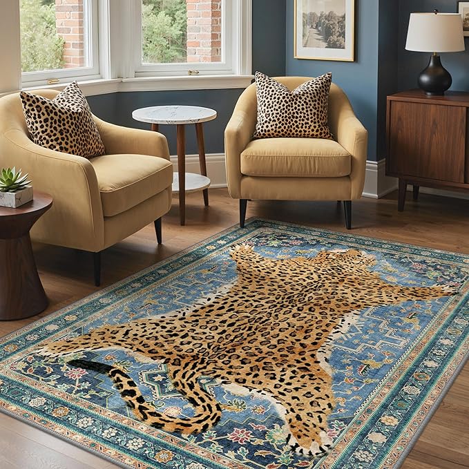 Bavni 4x6 Leopard Rug, Machine Washable Cheetah Animal Print Low Pile Boho Woodland Jungle Carpet, Non-Slip Non-Shedding Pet Friendly Rug for Living Room Playroom Nursery Bedroom Entryway, Blue