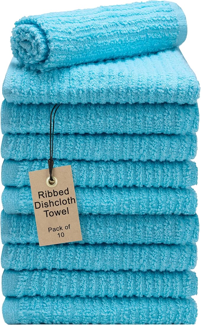 Textila Bar Mop Towels 12x12 Inch – Aqua Blue – Pack of 10 - Cotton Dish Cloths & Cleaning Towels for Kitchen, Bar, Restaurant, Household Use – Absorbent, Durable, Reusable