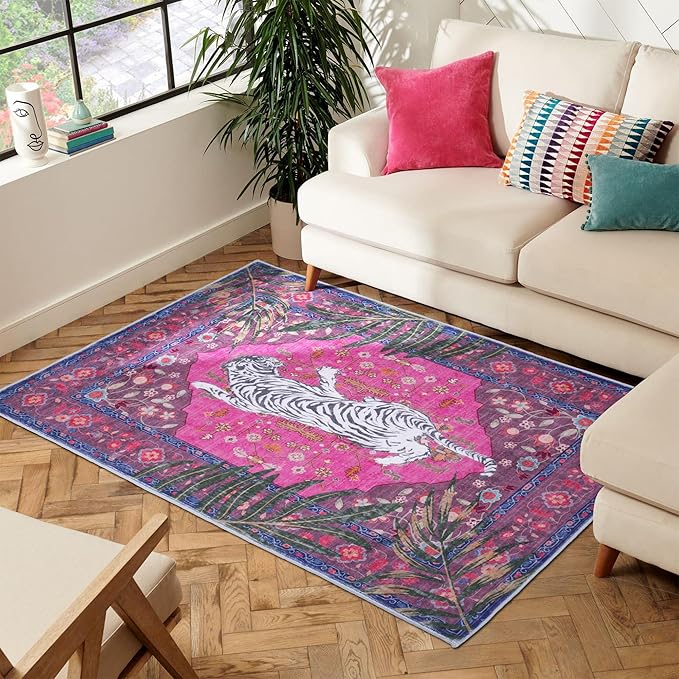 3x5 FT Leopard Rug for Living Room Hot Pink Leopard Vintage Animal Rug Aesthetic Pink Rugs for Girls Room Nursery Bedroom Home Office Dorm Thin Bright Magenta Carpet (Hot Pink, 3X5 FT)