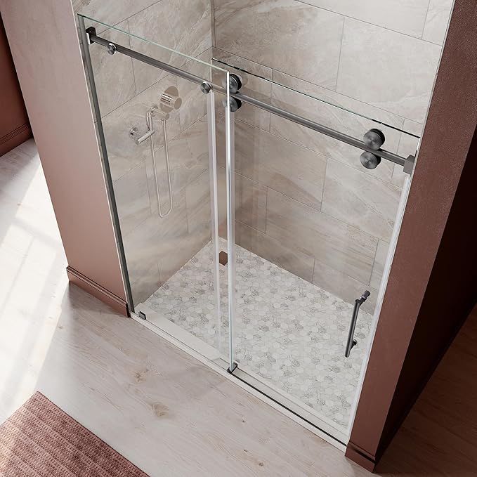 66-72 Inch x 80 Inch Sliding Frameless Shower Door, 3/8" Tempered Glass with Easy-Cleaning Coating, Stainless Steel Rollers & SGCC-Certified Stability, Space Gray