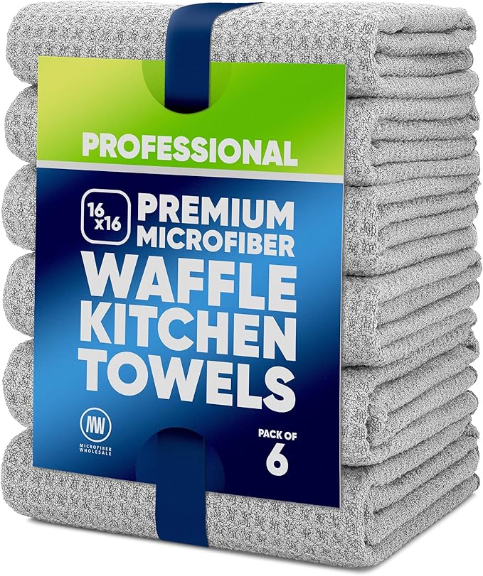 Kitchen Towels - Microfiber Waffle Weave Towels | Absorbent, No Lint, Thick, Reusable, Commercial, Soft, Hand, Tea, Glass, Bar, Sublimation Blank, Polyester Cloths (Gray, 16 x 16 (6 Pack))