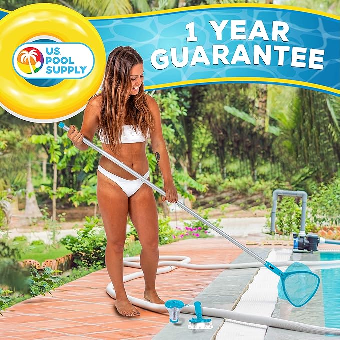 U.S. Pool Supply Professional Heavy Duty Spa, Hot Tub, Pond Cleaning & Maintenance Set - Small Skimmer Net, Deep Fine Mesh Netting, Spa Scrubbing Brush, 4 Ft Pole, Floating Chlorine Chemical Dispenser