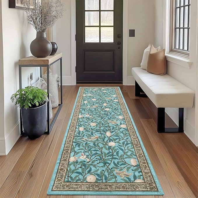 GarveeHome 2x6 Runners for Hallways Non Slip, Boho Leaf Kitchen Runner Rug Washable Rugs for Bedroom, Low Pile Soft Blue Runner Botanical Bird Rug for Dorm Entryway Laundry Room Bedroom