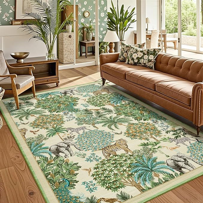 GarveeHome Jungle Animal Print Rug 5x7 Washable Area Rugs for Living Room, Forest Rug Non Slip Low Pile Stain Resistance Large Throw Carpet for Bedroom Dining Room Kids Playroom Nursery, Beige