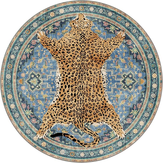Bavni 4FT Leopard Round Rug, Machine Washable Cheetah Animal Print Low Pile Boho Circle Woodland Jungle Carpet, Non-Slip Non-Shedding Rug for Living Room Playroom Nursery Bedroom Entryway, Blue