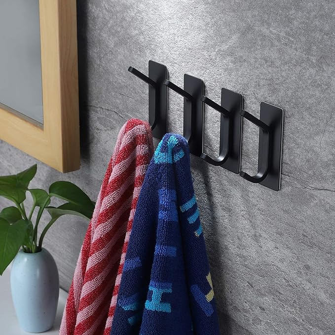 YIGII Towel Hook/Adhesive Hooks - Black Wall Hooks Stick for Bathroom and Kitchen Heavy Duty Hooks 4-Pack, Stainless Steel