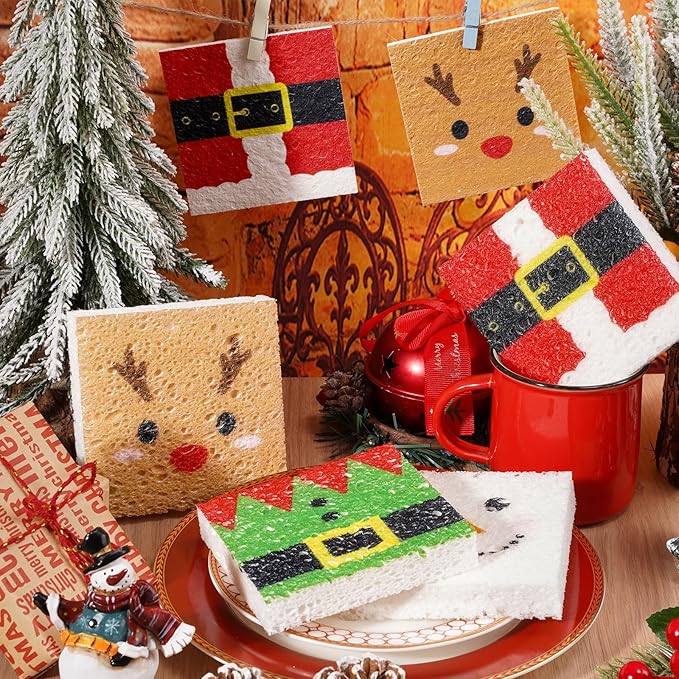 Whaline 8Pcs Christmas Character Kitchen Sponges Santa Reindeer Snowman Elf Water Absorbing Dish Washing Sponge Non Scratch Cleaning Scrub Sponges for Holiday Home Kitchen Bathroom