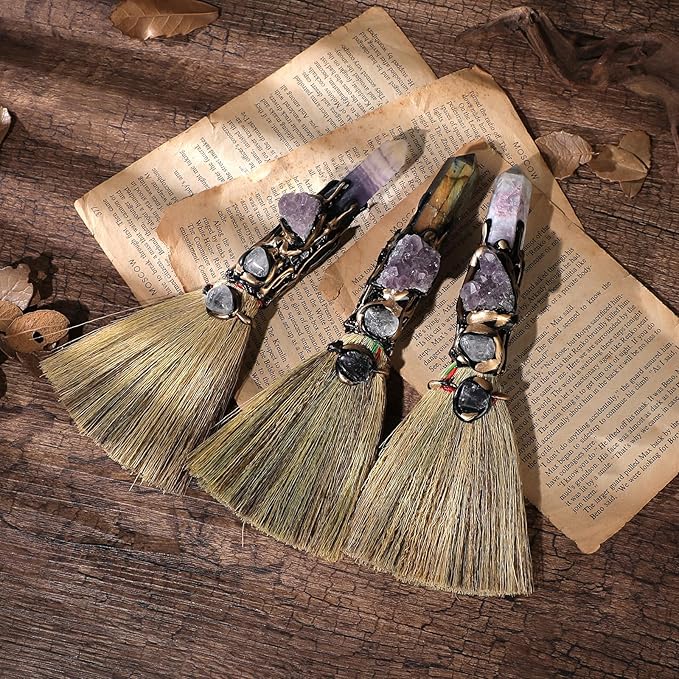 Witch Broom Witchcraft Supplies - Altar Supplies with Labradorite Wiccan Stuff Magic Broomstick with Natural Healing Crystals Hexagonal Points Pagan Reiki Energy Clearing Decor