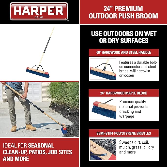 Harper 24 Inch Push Broom with Stiff Bristles, Premium Heavy Duty Outdoor Wet/Dry Rough-Surface, for Mulch, Gravel, Oil Dry, Dirt, Soil, with Long Wooden Handle