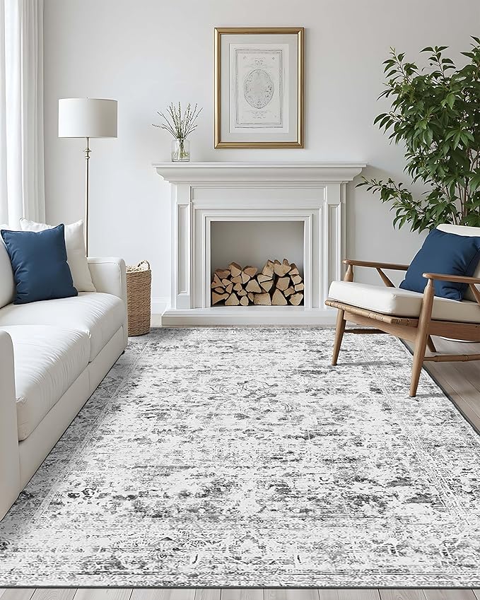 8x10 Large Area Rugs for Living Room, Vintage Grey Rugs for Bedroom,Washable Boho Indoor Soft Non Slip Carpet for Dining Room, Low Pile Rugs for Office,Farmhouse