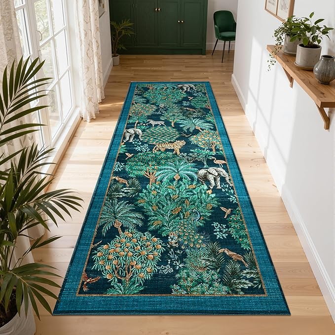 GarveeHome Jungle Rug 2.5x8 Kitchen Runner Rug Non Slip Washable Runners for Hallways, Animal Print Runner Rugs with Rubber Backing Soft Low-Pile Forest Long Carpet for Bedroom Entryway Laundry, Blue