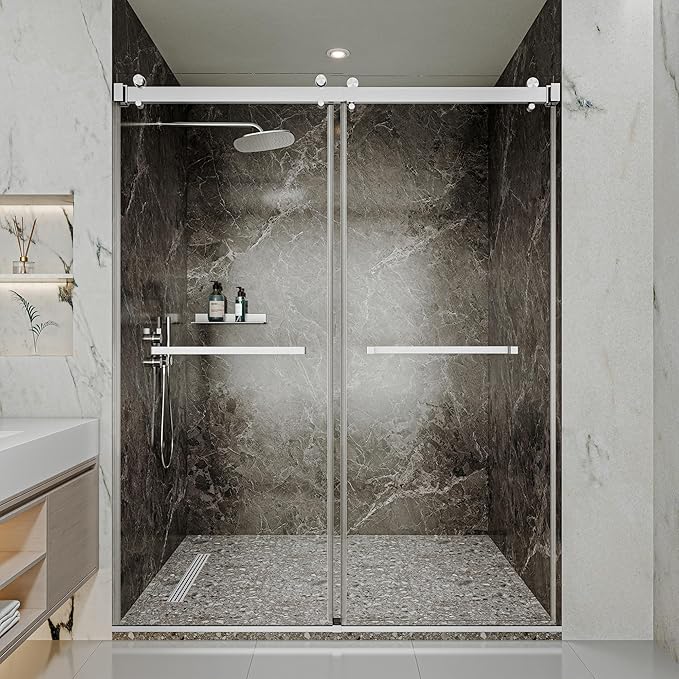44-48" W x 76" H Frameless Shower Door, Double Sliding Glass Shower Door with 5/16" (8mm) Clear SGCC Tempered, Roller Disc System, 304 Stainless Steel (Brushed Nickel, 44-48" W*76" H)