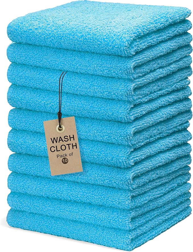 Textila Terry Wash Cloths – Pack of 10, Aqua Blue, 12x12 Inches – Soft, Absorbent & Multipurpose Cotton Washcloths for Face, Hand, Bath, Kitchen, Spa, Gym & Hotel Use