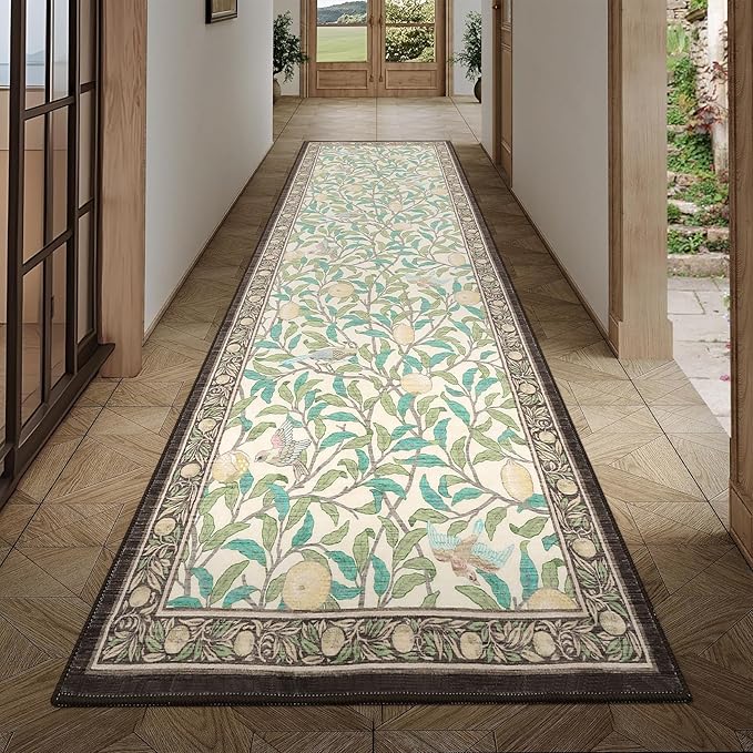 GarveeHome 2x6 Runners for Hallways Non Slip, Boho Leaf Kitchen Runner Rug Washable Rugs for Bedroom, Low Pile Soft Beige Runner Botanical Bird Rug for Dorm Entryway Laundry Room Bedroom