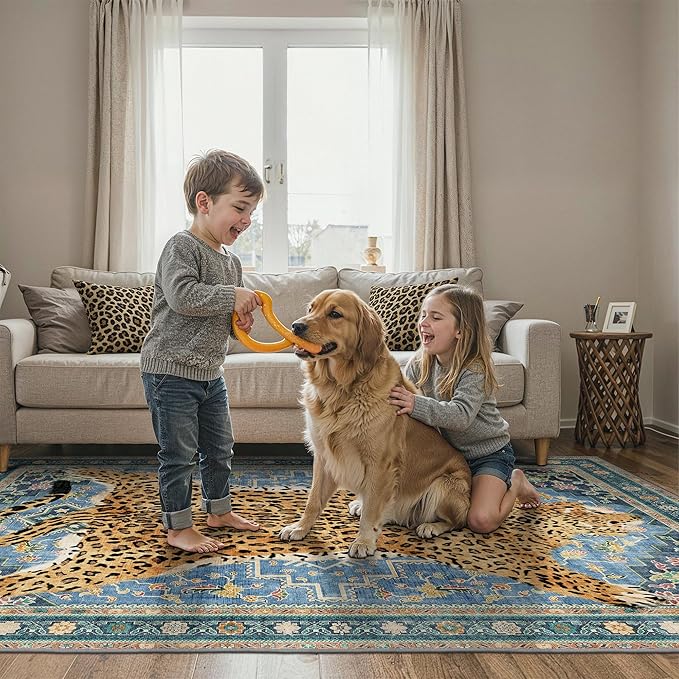 Bavni 8x10 Leopard Rug, Machine Washable Cheetah Animal Print Low Pile Boho Woodland Jungle Carpet, Non-Slip Non-Shedding Pet Friendly Rug for Living Room Playroom Nursery Bedroom Dining Room, Blue