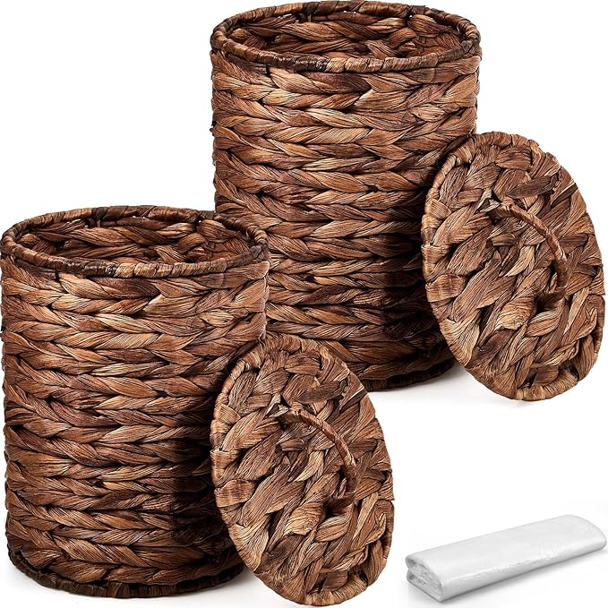 Ctosree 2 Pcs Wicker Trash Can Basket Woven Waste Basket with Lid Bathroom Wastebasket Garbage Bin with 100 Pieces of Trash Bags for Bedroom Farmhouse Home Office Kitchen(Deep Coffee, Small)