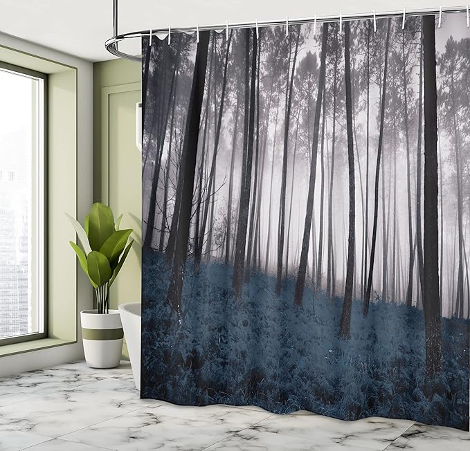 Ambesonne Forest Shower Curtain, Mystical Fantasy Woodland Under Heavy Fog Tall Trees Bushes Contrast Colors, Cloth Fabric Bathroom Decor Set with Hooks, 69" W x 84" L, Petrol Black