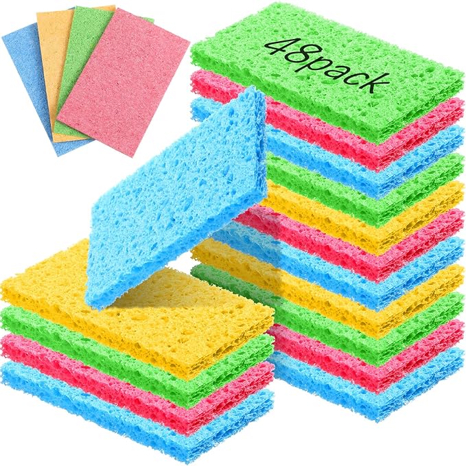 Zhengmy 48 Pieces Sponges Kitchen Compressed Sponges Bulk Natural Dish Sponge Compressed Wood Pulp Cleaning Sponge Without Scratching for Kitchen Bathroom, 3.9 x 2.4 x 0.12 Inch (Multicolor)