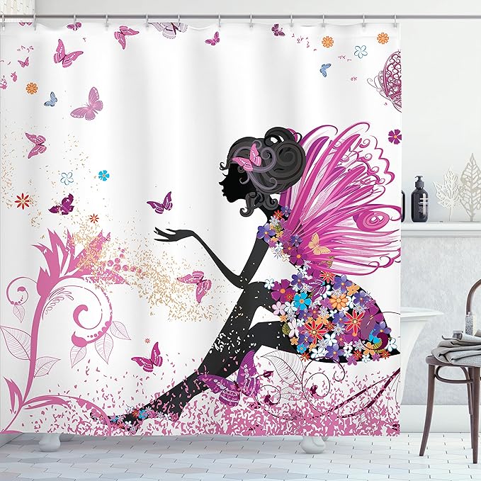 Ambesonne Fantasy Shower Curtain, Spring Girl Wings in a Floral Dress Surreal Garden Butterflies Print, Cloth Fabric Bathroom Decor Set with Hooks, 69" W x 75" L, Pastel Pink