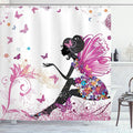 Ambesonne Fantasy Shower Curtain, Spring Girl Wings in a Floral Dress Surreal Garden Butterflies Print, Cloth Fabric Bathroom Decor Set with Hooks, 69" W x 84" L, Pastel Pink