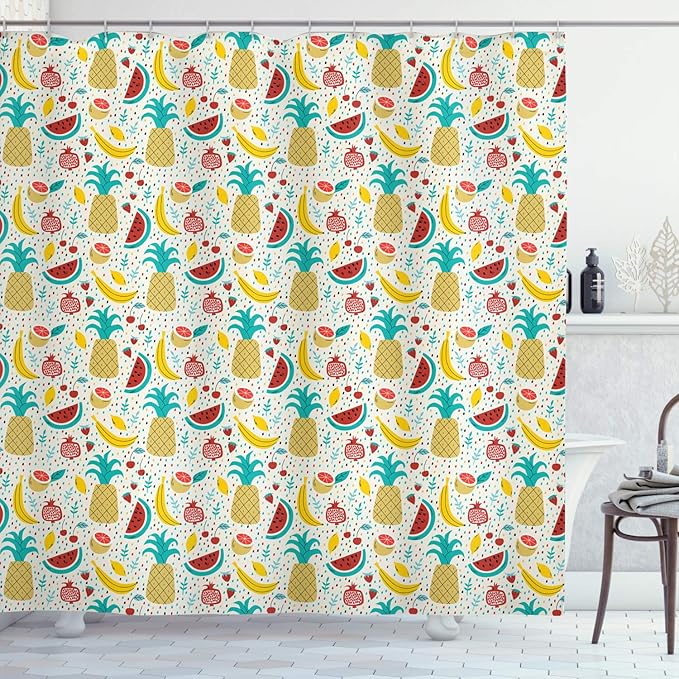 Ambesonne Food Shower Curtain, Fruits Banana Pomegranate Pineapple Watermelon Lemon Kitchen Cafe Abstract Graphic, Cloth Fabric Bathroom Decor Set with Hooks, 69" W x 70" L, Turqupise Mustard