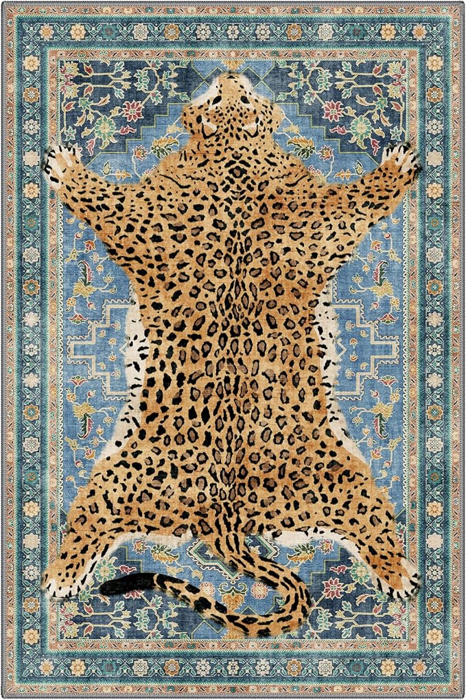 Bavni 6x9 Leopard Rug, Machine Washable Cheetah Animal Print Low Pile Boho Woodland Jungle Carpet, Non-Slip Non-Shedding Pet Friendly Rug for Living Room Playroom Nursery Bedroom Dining Room, Blue