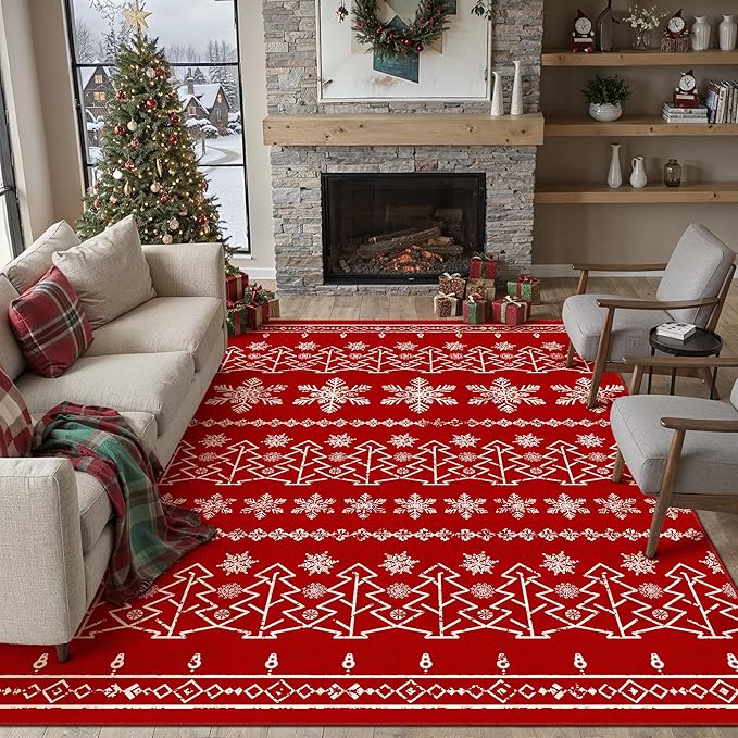 Christmas Area Rug 6x9 Red Washable Living Room Carpet Xmas Snowflake Holiday Decor Indoor Bedroom Throw Rug Decorative Non Slip Soft Low Pile Large Carpet Dining Room Office Nursery