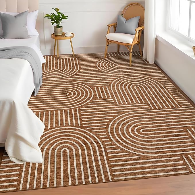 Washable Rug 3x5 Area Rugs for Living Room, Abstract Rug for Bedroom, Soft Rainbow Non Slip Throw Rugs with Rubber Back, Low Pile Stain Resistant Boho Geometric Carpet for Dining Room, Copper