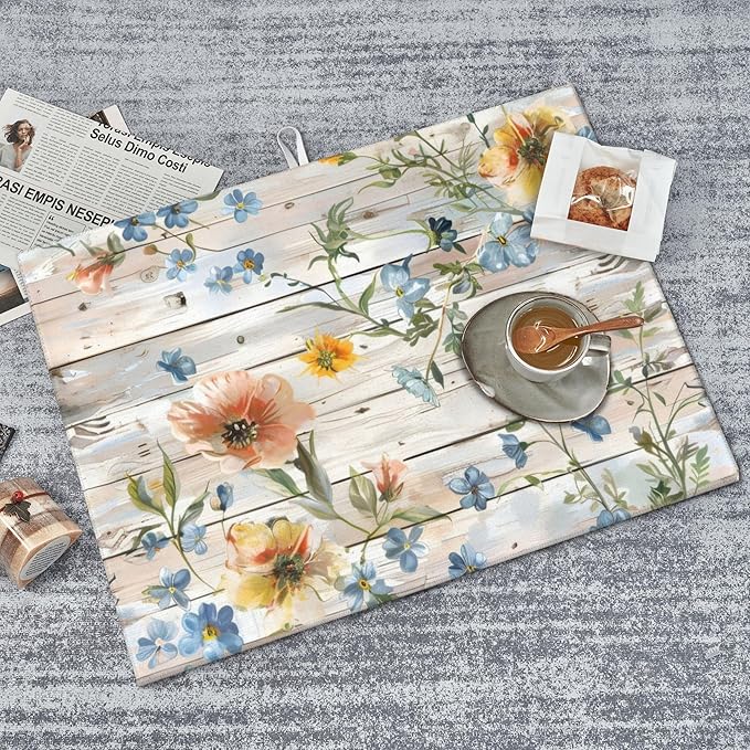 Flowers on Wooden Board Dish Drying Mat 18x24 Inch, Microfiber Absorbent Fast Dry Mat Floral Large Dish Mat Drying Kitchen Mat, Kitchen Drying Pad for Kitchen Counter Coffee Bar Decor Gifts