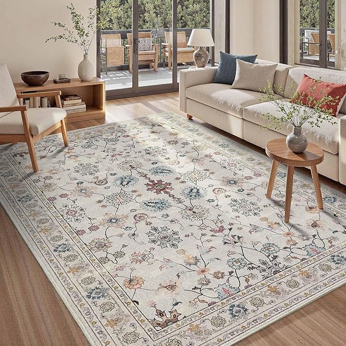 5x7 Area Rugs for Bedroom & Living Room - Washable Floral Boho Vintage Rug,Soft & Non-Slip,Low Pile Wool Carpet for Indoor Dining Room,Girls Room,Nursery Room and Kids Room(Grey)