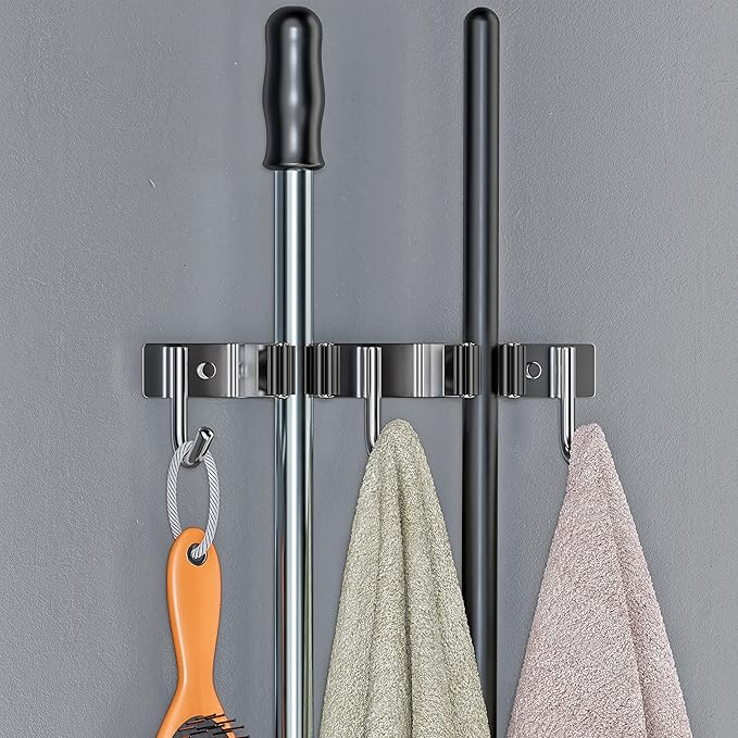 Heavy Duty Broom and Mop Holder Wall Mounted with 2 Rubber Grip Slots & 3 Utility Hooks – SUS304 Stainless Steel, Waterproof, Self Adhesive or Drill Mount, for Garage, Laundry, Kitchen & Closet Use