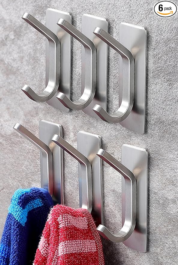YIGII 6 Pack Adhesive Towel Hooks, Stainless Steel Sticky Hooks for Bathroom or Kitchen, Heavy Duty No Drilling Wall Hooks for Robe, Coat, Clothes (Silver)