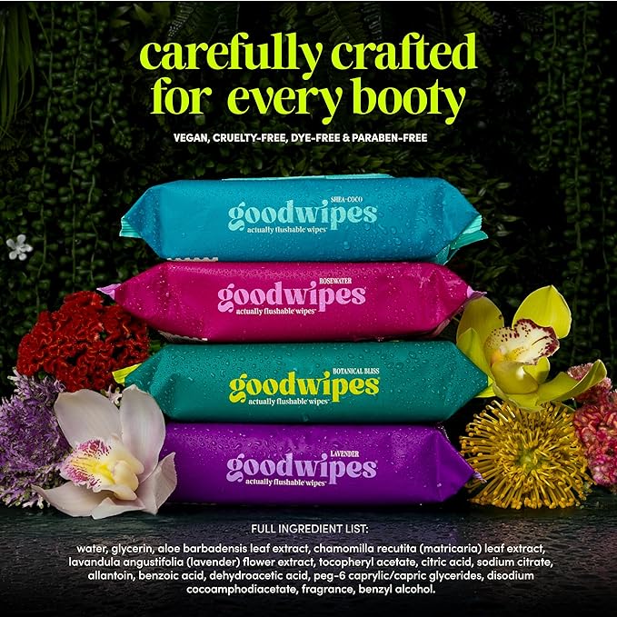 goodwipes Flushable Butt Wipes - Extra Large Adult Wet Wipes For Women & Men - Bathroom Essentials - Sewer & Septic Safe - Variety Pack, 200 Count (4 Packs)