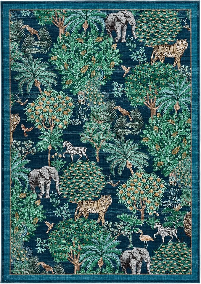 GarveeHome Jungle Animal Print Rug 4x6 Washable Area Rugs for Living Room, Forest Rug Non Slip Soft Low Pile Stain Resistance Throw Carpet for Bedroom Kids Playroom Nursery Blue
