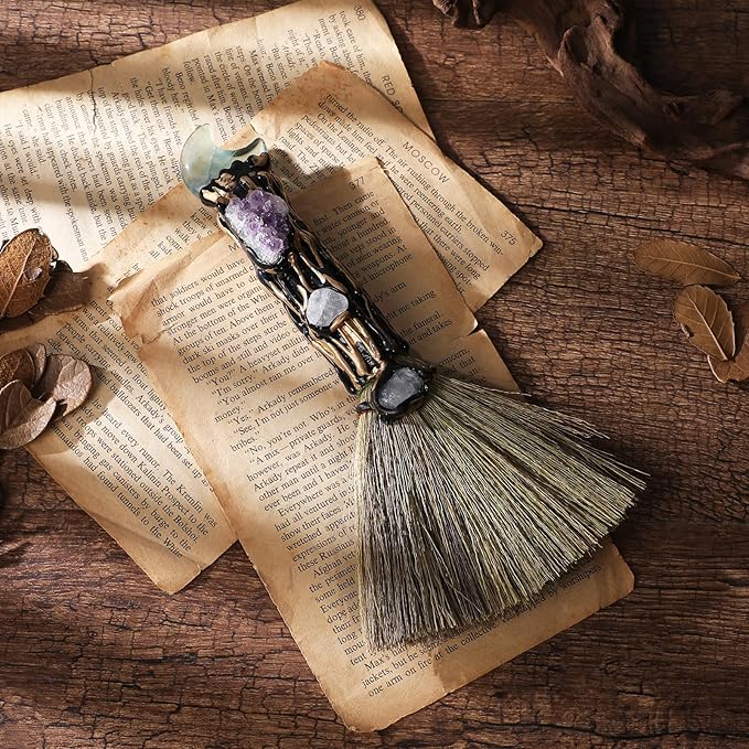 Witchcraft Supplies Witches Broom - Wiccan Decor with Moon Design Fluorite Altar Supplies with Amethyst Clusters Natural Healing Crystals Pagan Decor Reiki Energy Clearing Crafts