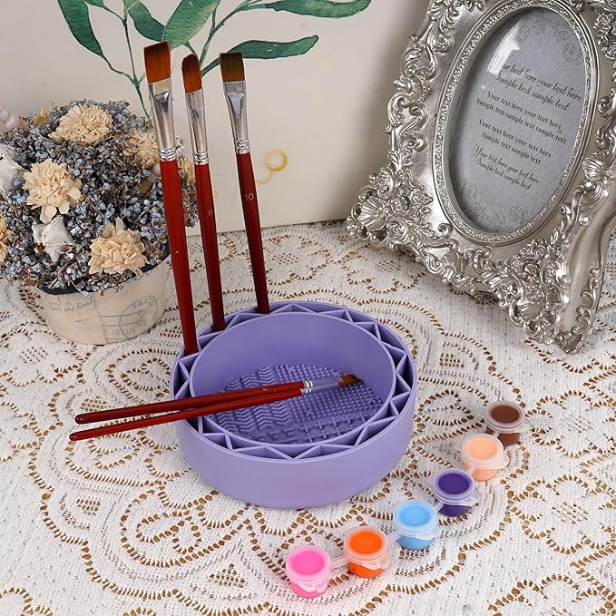 Pen Brush Washer, Watercolor Brush Cleaner, Silicone Brush Bowl Clean, Brush Holder Cleaner, Watercolor Painting Water Cup for Acrylic Oil Painti (1Pcs Purple)