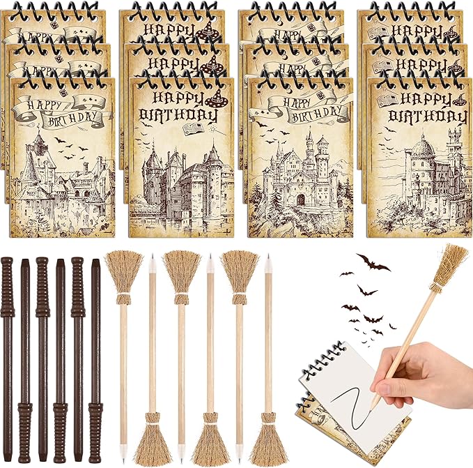 24 Pcs Magical Wizard Notepads Set Spiral Notebooks and Magic Wand Pencils Witch Broom Pencils Castle Magical Wizard School Mini Notepads Small Pocket Journal Goodie Bag Stuffers for Wizard School Classroom Favors Supplies