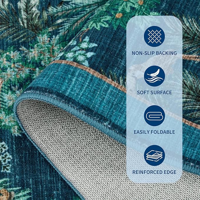 GarveeHome Jungle Animal Print Rug 6x9 Washable Area Rugs for Living Room, Forest Rug Non Slip Low Pile Stain Resistance Large Throw Carpet for Bedroom Dining Room Kids Playroom Nursery, Blue